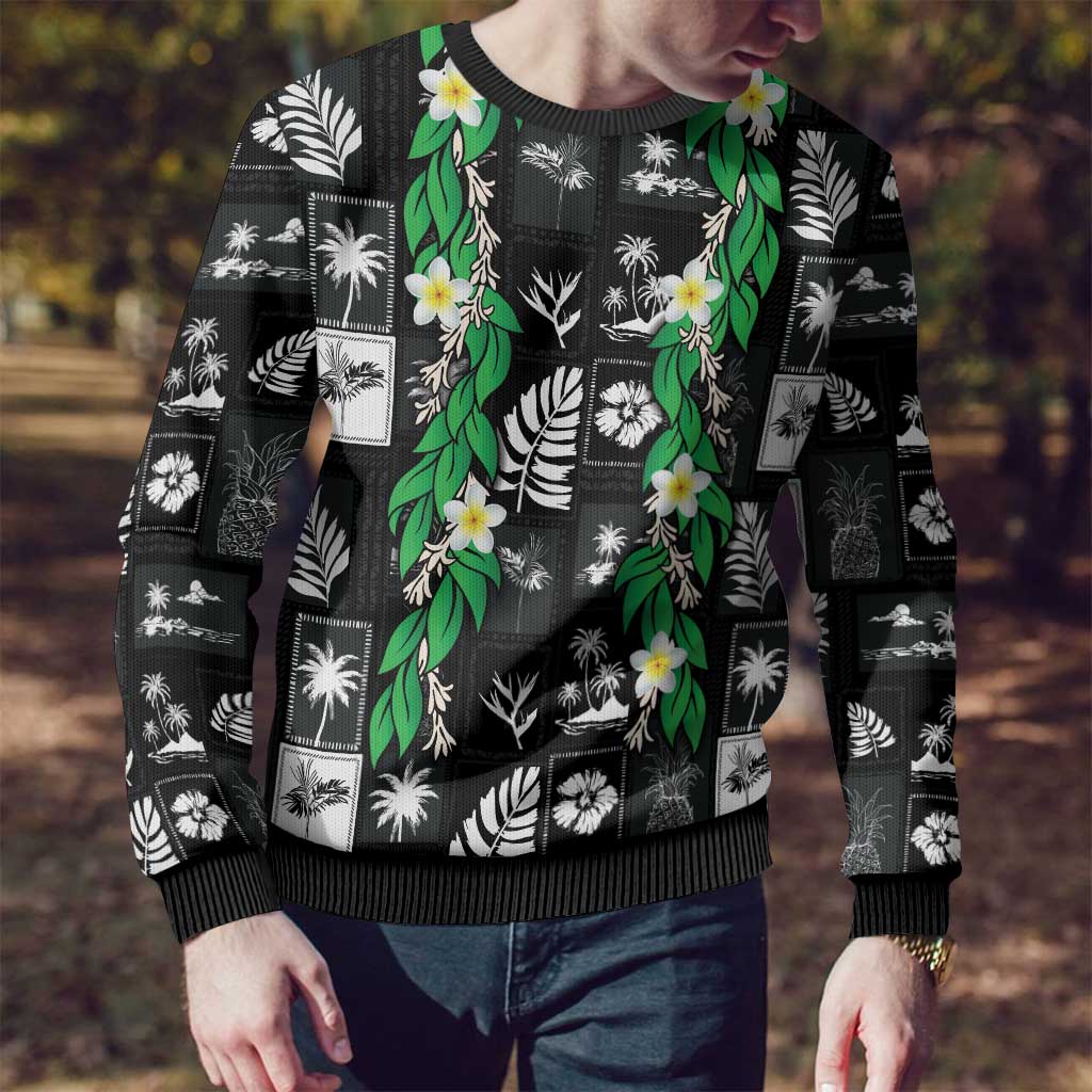 Aloha Hawaii Tuberose Lei Ugly Christmas Sweater Tropical Vibes Black Color - Polynesian Pride