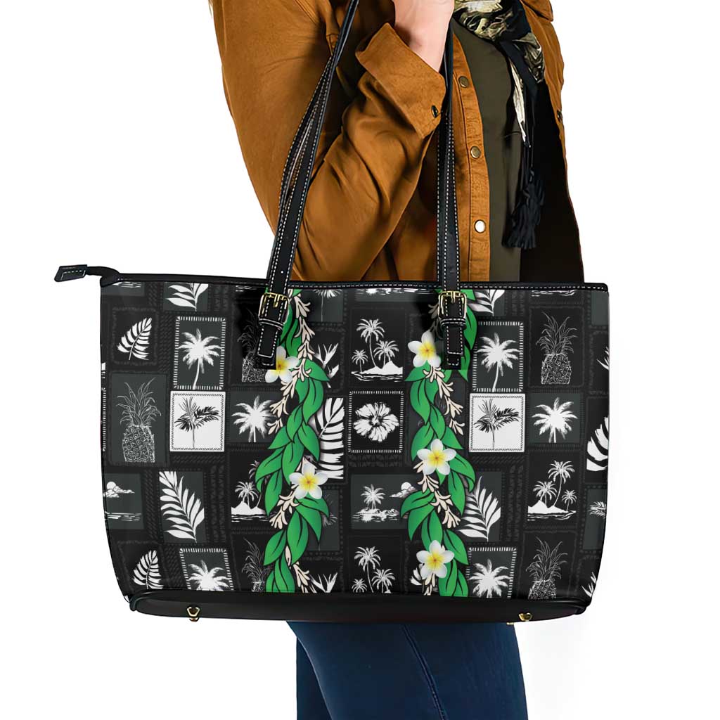 Aloha Hawaii Tuberose Lei Leather Tote Bag Tropical Vibes Black Color - Polynesian Pride
