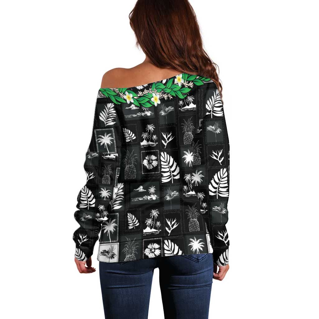 Aloha Hawaii Tuberose Lei Off Shoulder Sweater Tropical Vibes Black Color - Polynesian Pride