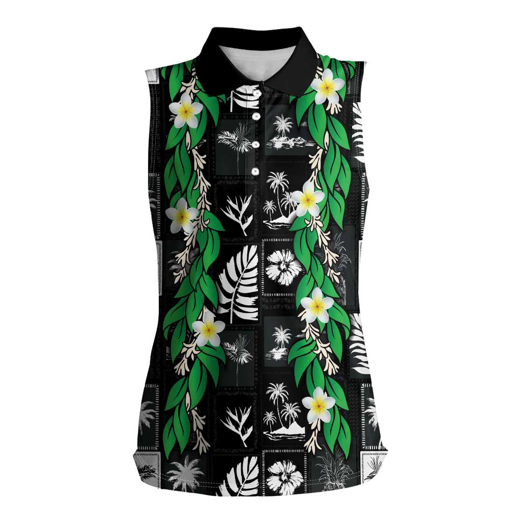 Aloha Hawaii Tuberose Lei Women Sleeveless Polo Shirt Tropical Vibes Black Color - Polynesian Pride
