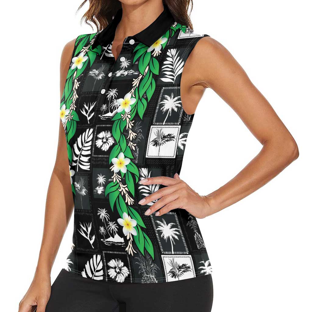 Aloha Hawaii Tuberose Lei Women Sleeveless Polo Shirt Tropical Vibes Black Color - Polynesian Pride