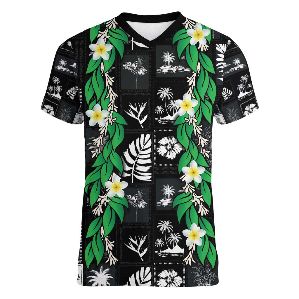 Aloha Hawaii Tuberose Lei Women V-Neck T-Shirt Tropical Vibes Black Color - Polynesian Pride