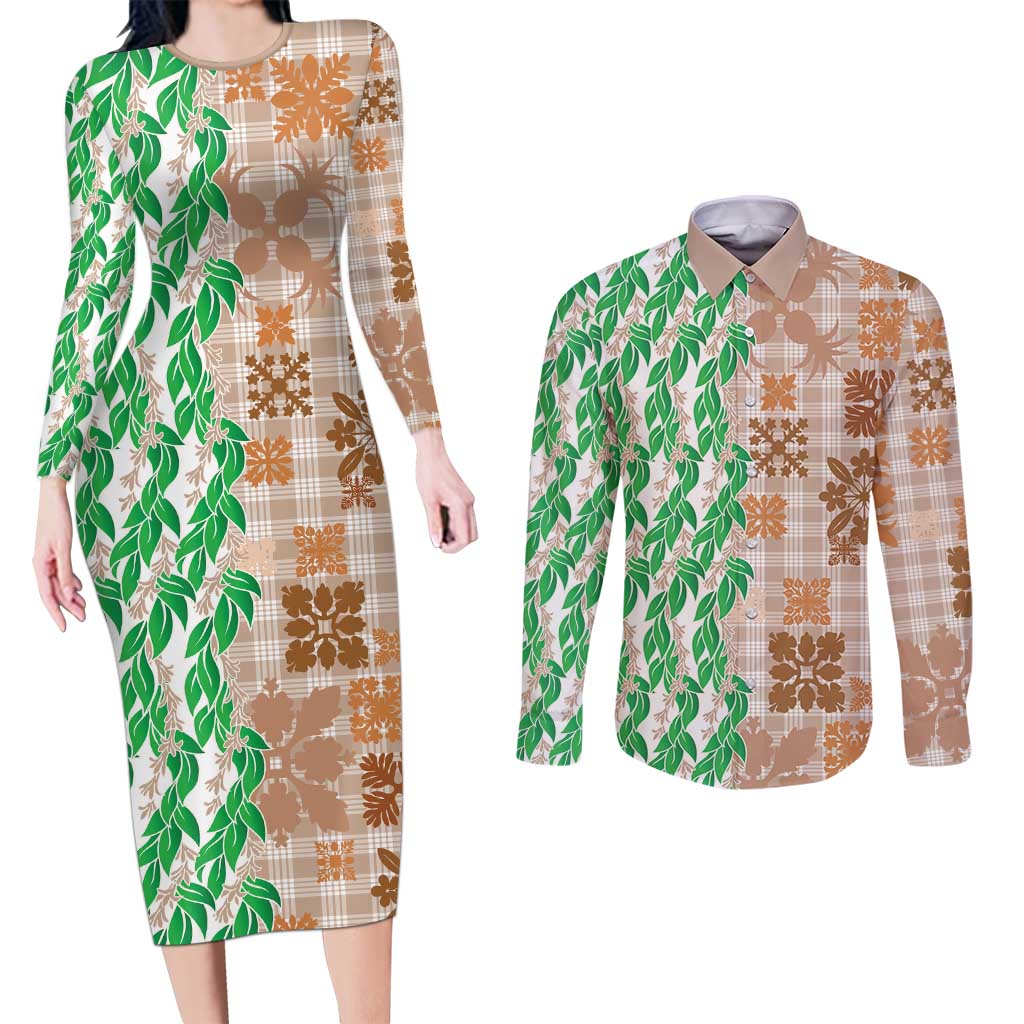 Aloha Hawaii Palaka Tuberose Lei Couples Matching Long Sleeve Bodycon Dress and Long Sleeve Button Shirt Hawaiian Quilt Seamless Style - Polynesian Pride