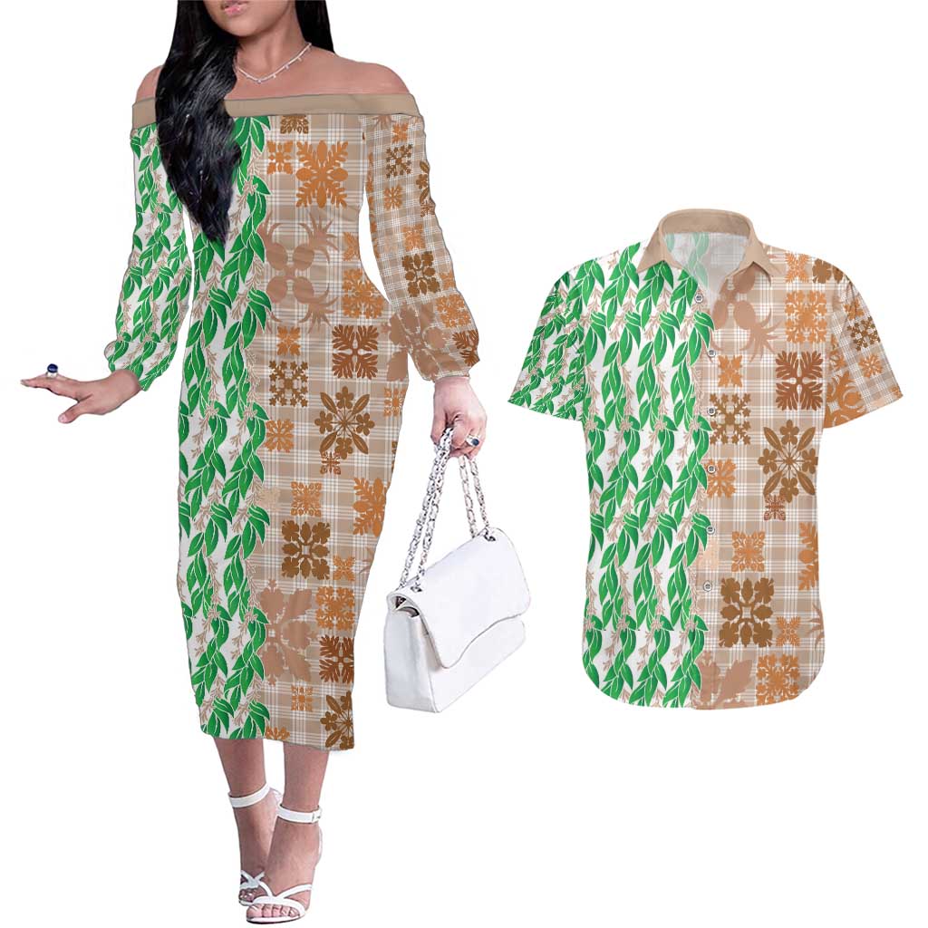 Aloha Hawaii Palaka Tuberose Lei Couples Matching Off The Shoulder Long Sleeve Dress and Hawaiian Shirt Hawaiian Quilt Seamless Style - Polynesian Pride