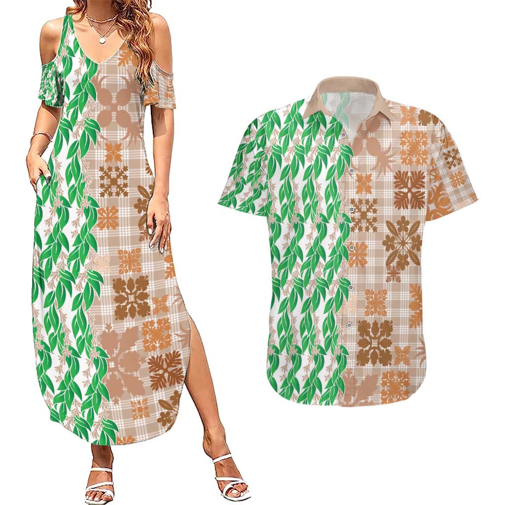 Aloha Hawaii Palaka Tuberose Lei Couples Matching Summer Maxi Dress and Hawaiian Shirt Hawaiian Quilt Seamless Style - Polynesian Pride