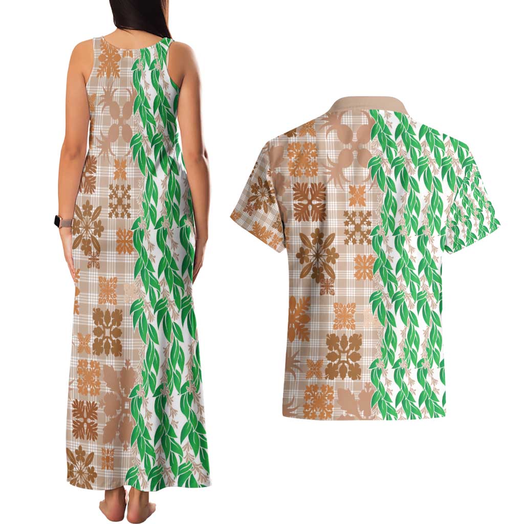 Aloha Hawaii Palaka Tuberose Lei Couples Matching Tank Maxi Dress and Hawaiian Shirt Hawaiian Quilt Seamless Style - Polynesian Pride