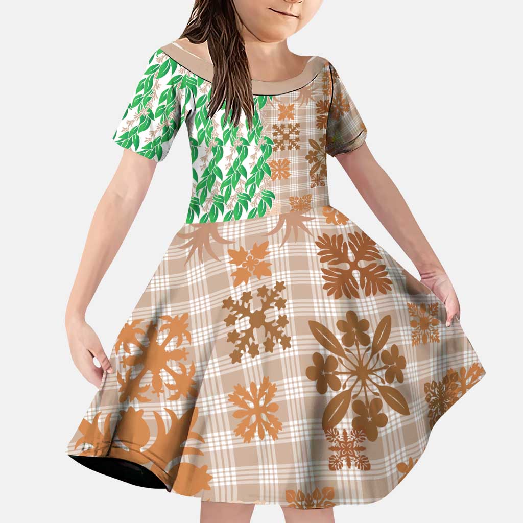 Aloha Hawaii Palaka Tuberose Lei Family Matching Off The Shoulder Long Sleeve Dress and Hawaiian Shirt Hawaiian Quilt Seamless Style LT14 Daughter's Dress Beige - Polynesian Pride