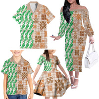 Aloha Hawaii Palaka Tuberose Lei Family Matching Off The Shoulder Long Sleeve Dress and Hawaiian Shirt Hawaiian Quilt Seamless Style LT14 - Polynesian Pride