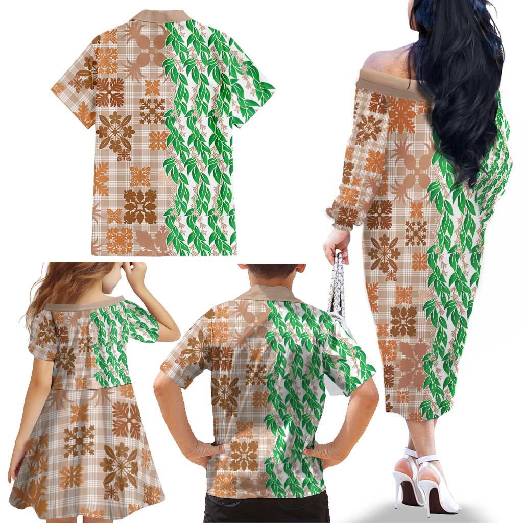 Aloha Hawaii Palaka Tuberose Lei Family Matching Off The Shoulder Long Sleeve Dress and Hawaiian Shirt Hawaiian Quilt Seamless Style LT14 - Polynesian Pride