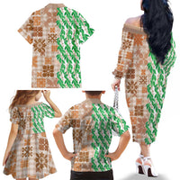 Aloha Hawaii Palaka Tuberose Lei Family Matching Off The Shoulder Long Sleeve Dress and Hawaiian Shirt Hawaiian Quilt Seamless Style LT14 - Polynesian Pride
