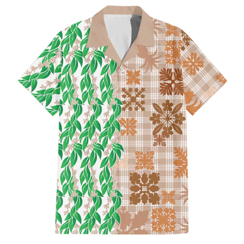 Aloha Hawaii Palaka Tuberose Lei Family Matching Off The Shoulder Long Sleeve Dress and Hawaiian Shirt Hawaiian Quilt Seamless Style LT14 Dad's Shirt - Short Sleeve Beige - Polynesian Pride