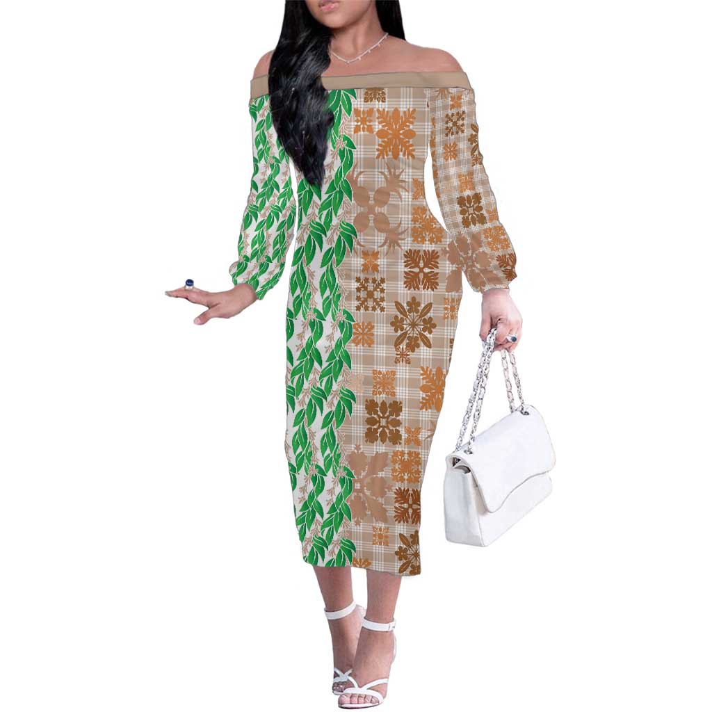 Aloha Hawaii Palaka Tuberose Lei Family Matching Off The Shoulder Long Sleeve Dress and Hawaiian Shirt Hawaiian Quilt Seamless Style LT14 Beige - Polynesian Pride