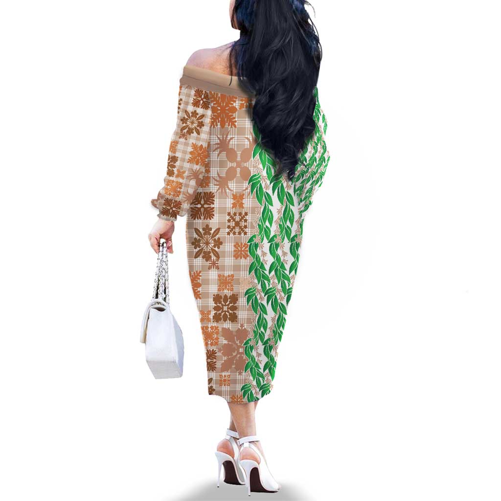 Aloha Hawaii Palaka Tuberose Lei Family Matching Off The Shoulder Long Sleeve Dress and Hawaiian Shirt Hawaiian Quilt Seamless Style LT14 - Polynesian Pride