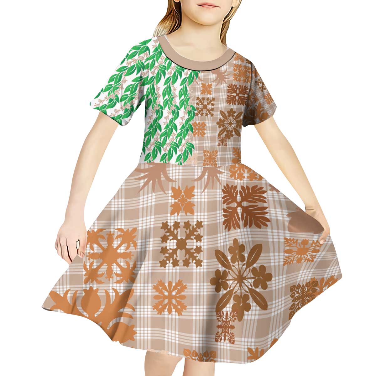 Aloha Hawaii Palaka Tuberose Lei Kid Short Sleeve Dress Hawaiian Quilt Seamless Style - Polynesian Pride