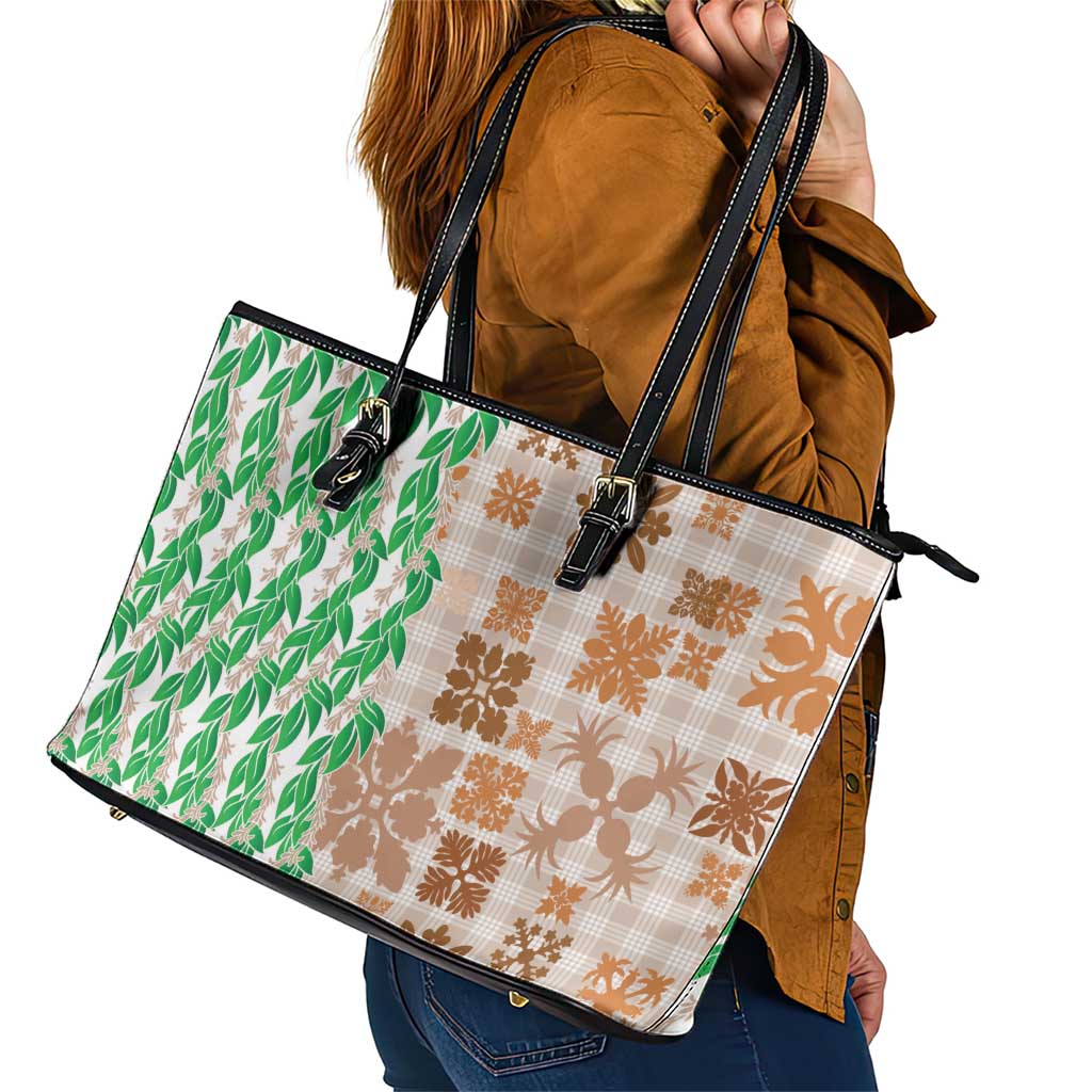 Aloha Hawaii Palaka Tuberose Lei Leather Tote Bag Hawaiian Quilt Seamless Style - Polynesian Pride