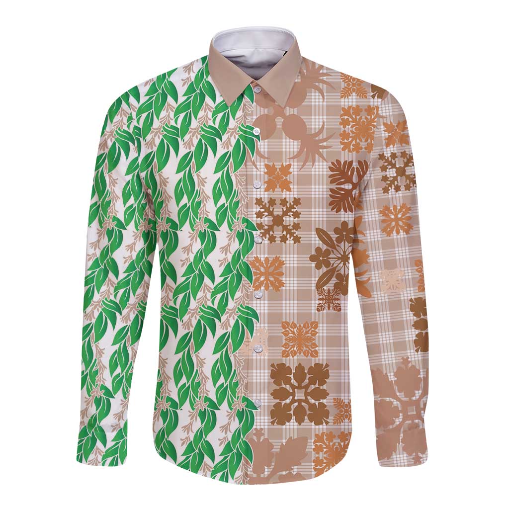 Aloha Hawaii Palaka Tuberose Lei Long Sleeve Button Shirt Hawaiian Quilt Seamless Style - Polynesian Pride