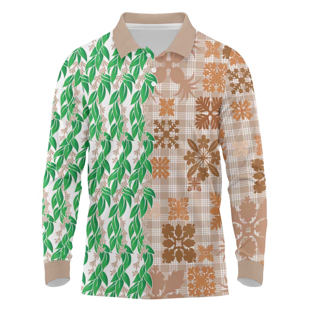 Aloha Hawaii Palaka Tuberose Lei Long Sleeve Polo Shirt Hawaiian Quilt Seamless Style LT14 Beige - Polynesian Pride