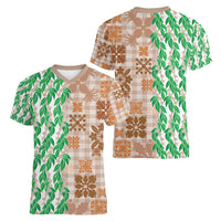Aloha Hawaii Palaka Tuberose Lei Women V-Neck T-Shirt Hawaiian Quilt Seamless Style - Polynesian Pride