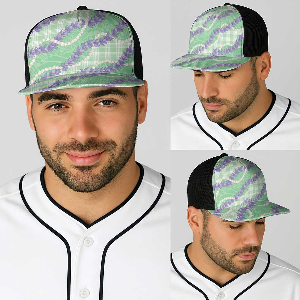 Pastel Green Hawaii Palaka Honohono Pikake Baseball Net Cap Hawaiian Orchid Lei Polynesian Pattern - Polynesian Pride