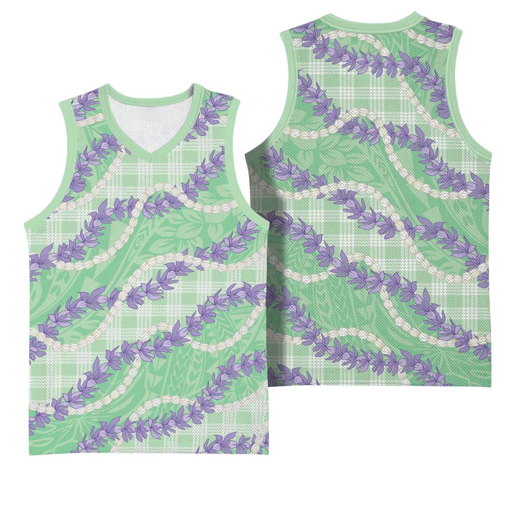 Pastel Green Hawaii Palaka Honohono Pikake Basketball Jersey Hawaiian Orchid Lei Polynesian Pattern - Polynesian Pride