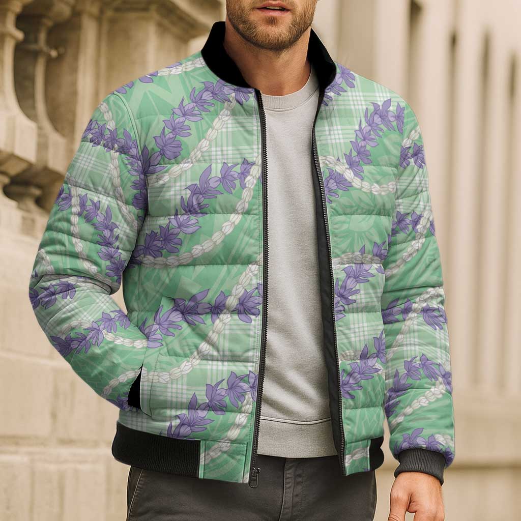 Pastel Green Hawaii Palaka Honohono Pikake Bomber Puffer Jacket Hawaiian Orchid Lei Polynesian Pattern - Polynesian Pride