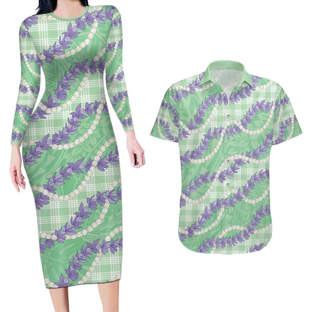 Pastel Green Hawaii Palaka Honohono Pikake Couples Matching Long Sleeve Bodycon Dress and Hawaiian Shirt Hawaiian Orchid Lei Polynesian Pattern - Polynesian Pride