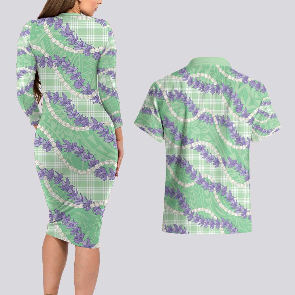 Pastel Green Hawaii Palaka Honohono Pikake Couples Matching Long Sleeve Bodycon Dress and Hawaiian Shirt Hawaiian Orchid Lei Polynesian Pattern - Polynesian Pride