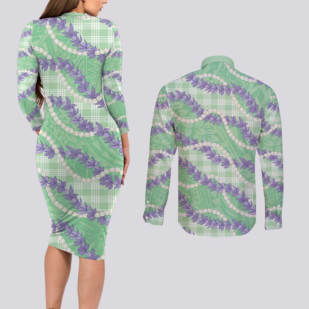 Pastel Green Hawaii Palaka Honohono Pikake Couples Matching Long Sleeve Bodycon Dress and Long Sleeve Button Shirt Hawaiian Orchid Lei Polynesian Pattern - Polynesian Pride
