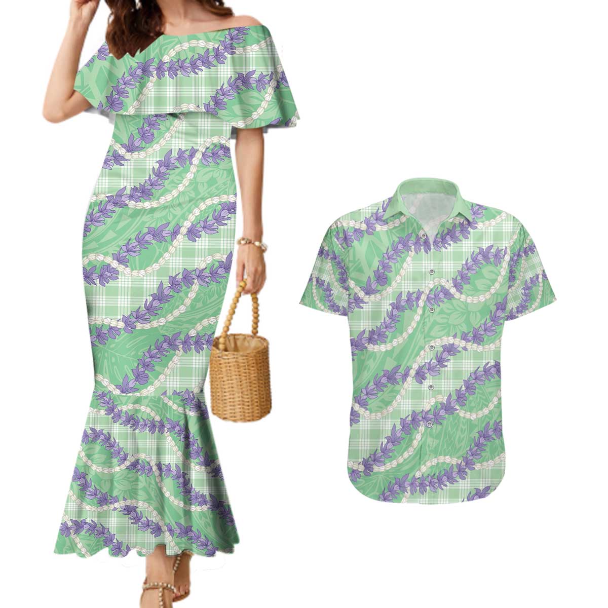 Pastel Green Hawaii Palaka Honohono Pikake Couples Matching Mermaid Dress and Hawaiian Shirt Hawaiian Orchid Lei Polynesian Pattern - Polynesian Pride