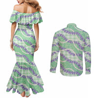 Pastel Green Hawaii Palaka Honohono Pikake Couples Matching Mermaid Dress and Long Sleeve Button Shirt Hawaiian Orchid Lei Polynesian Pattern - Polynesian Pride