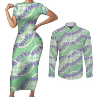 Pastel Green Hawaii Palaka Honohono Pikake Couples Matching Short Sleeve Bodycon Dress and Long Sleeve Button Shirt Hawaiian Orchid Lei Polynesian Pattern - Polynesian Pride
