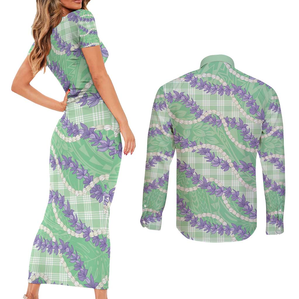 Pastel Green Hawaii Palaka Honohono Pikake Couples Matching Short Sleeve Bodycon Dress and Long Sleeve Button Shirt Hawaiian Orchid Lei Polynesian Pattern - Polynesian Pride