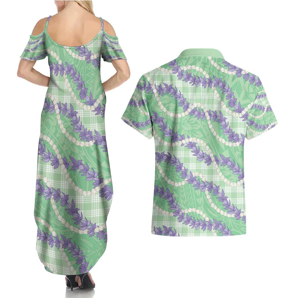 Pastel Green Hawaii Palaka Honohono Pikake Couples Matching Summer Maxi Dress and Hawaiian Shirt Hawaiian Orchid Lei Polynesian Pattern - Polynesian Pride