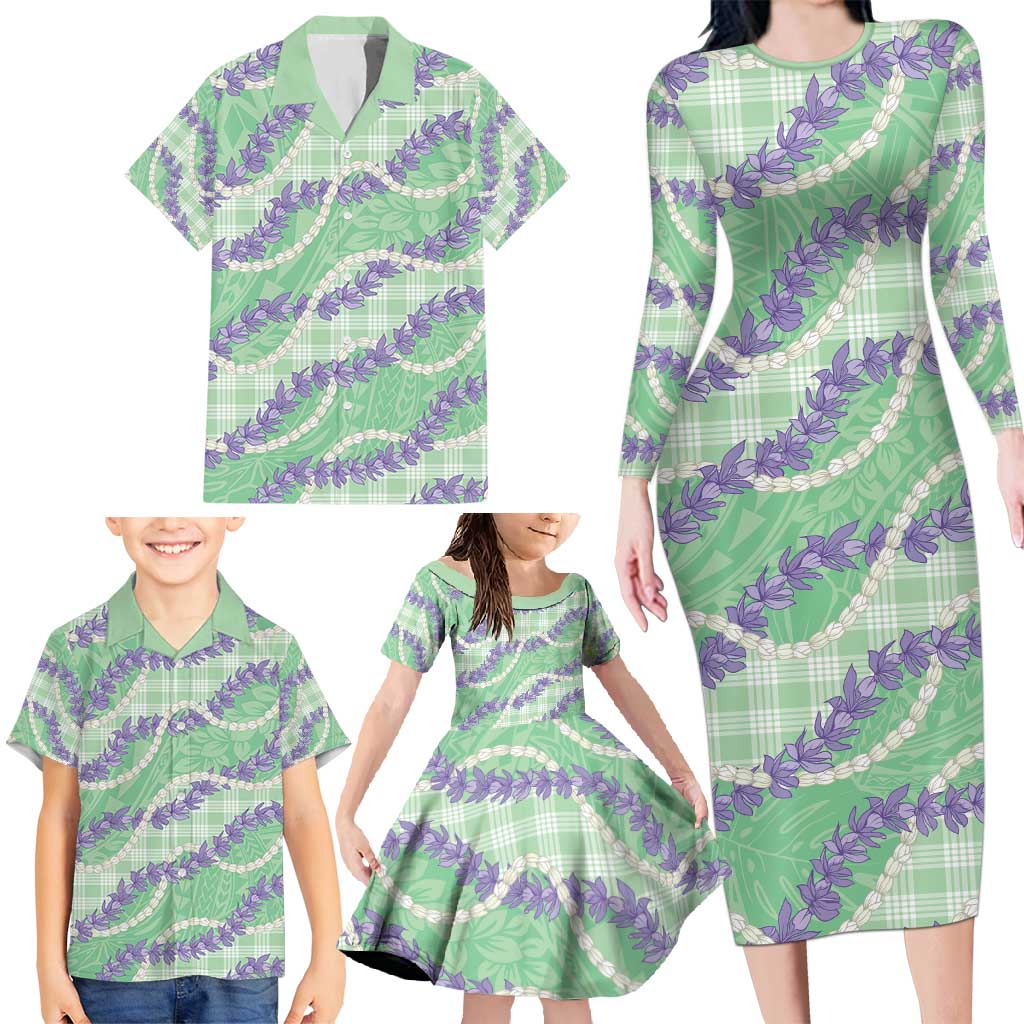 Pastel Green Hawaii Palaka Honohono Pikake Family Matching Long Sleeve Bodycon Dress and Hawaiian Shirt Hawaiian Orchid Lei Polynesian Pattern - Polynesian Pride