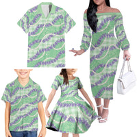 Pastel Green Hawaii Palaka Honohono Pikake Family Matching Off The Shoulder Long Sleeve Dress and Hawaiian Shirt Hawaiian Orchid Lei Polynesian Pattern - Polynesian Pride