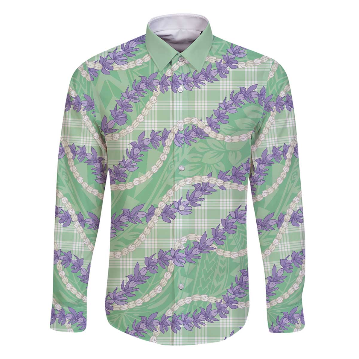 Pastel Green Hawaii Palaka Honohono Pikake Family Matching Off The Shoulder Long Sleeve Dress and Hawaiian Shirt Hawaiian Orchid Lei Polynesian Pattern - Polynesian Pride