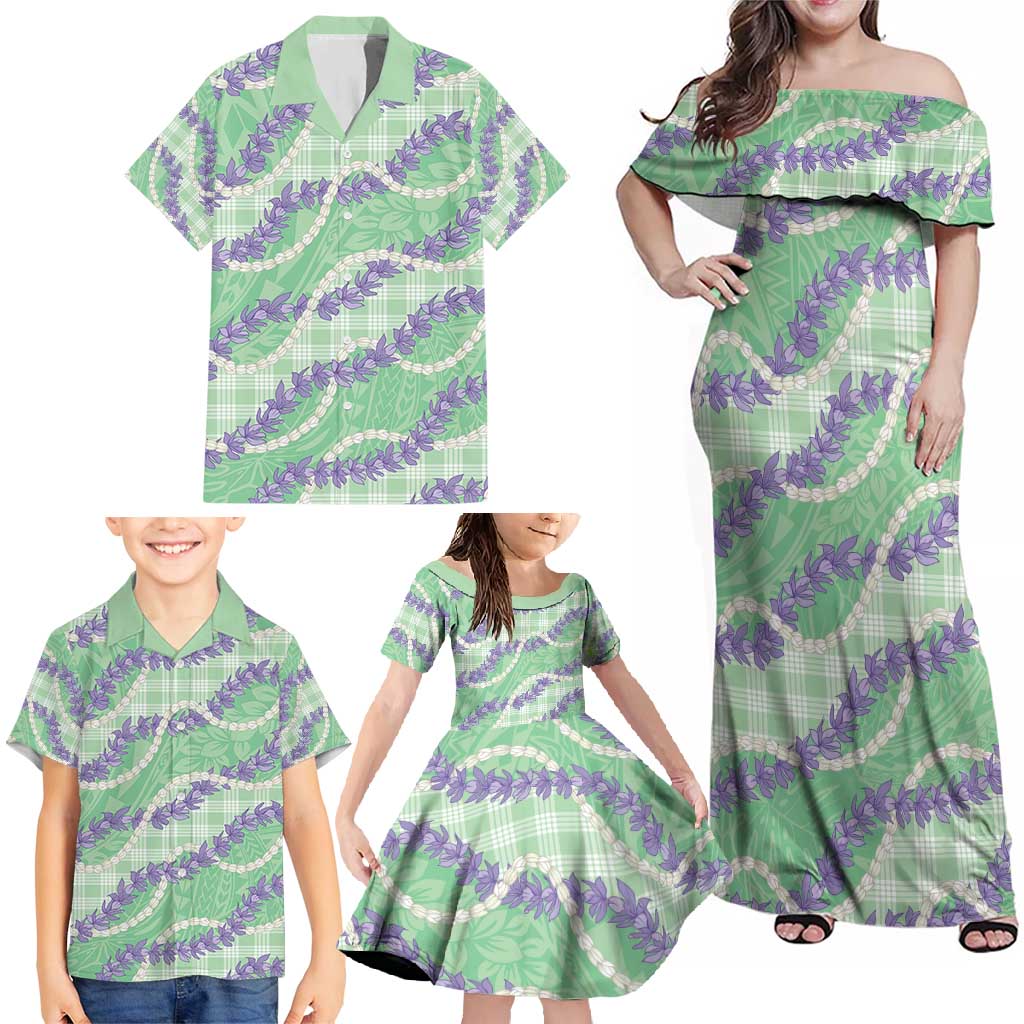 Pastel Green Hawaii Palaka Honohono Pikake Family Matching Off Shoulder Maxi Dress and Hawaiian Shirt Hawaiian Orchid Lei Polynesian Pattern - Polynesian Pride