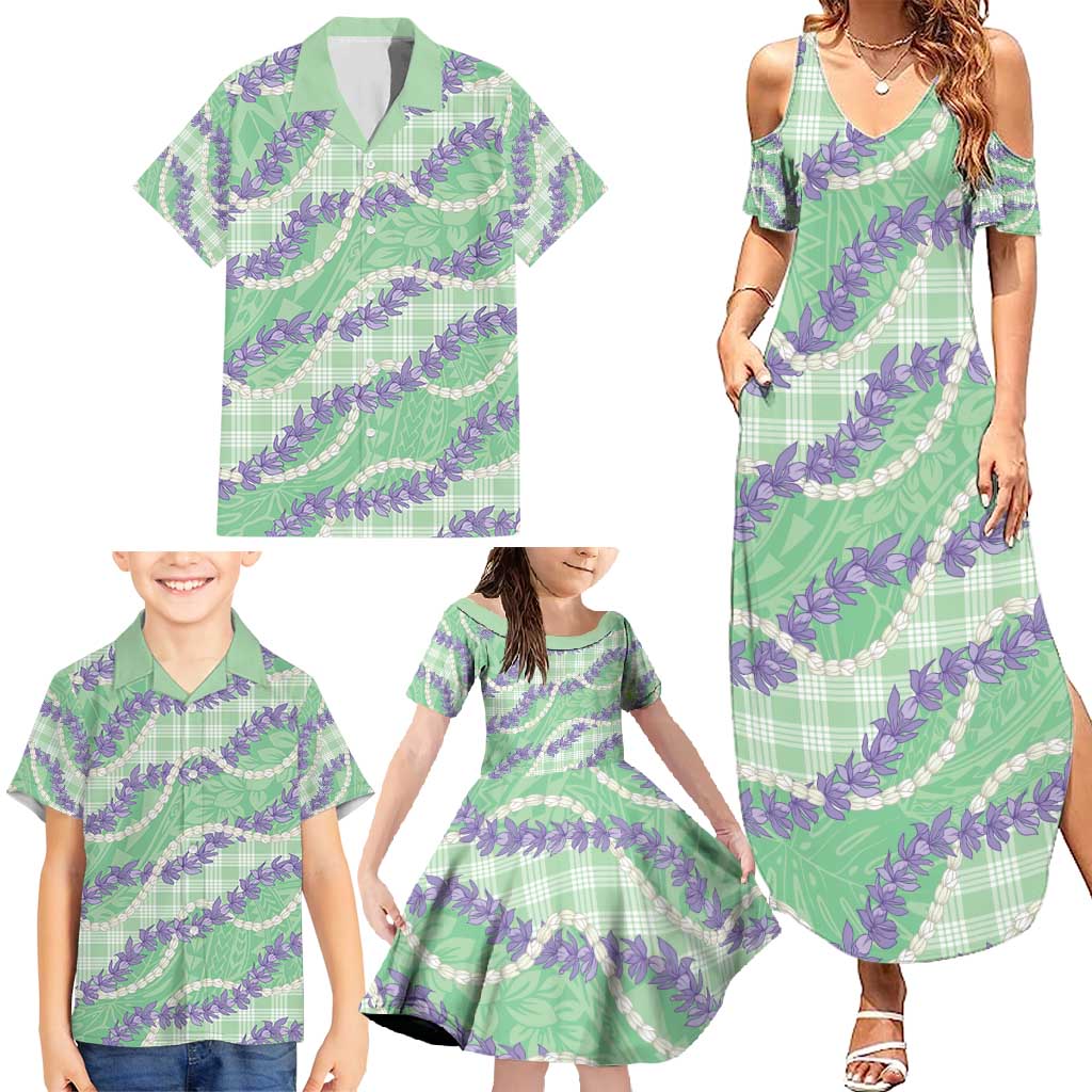 Pastel Green Hawaii Palaka Honohono Pikake Family Matching Summer Maxi Dress and Hawaiian Shirt Hawaiian Orchid Lei Polynesian Pattern - Polynesian Pride