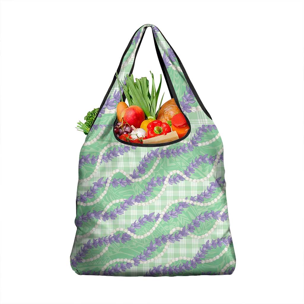 Pastel Green Hawaii Palaka Honohono Pikake Grocery Bag Hawaiian Orchid Lei Polynesian Pattern - Polynesian Pride