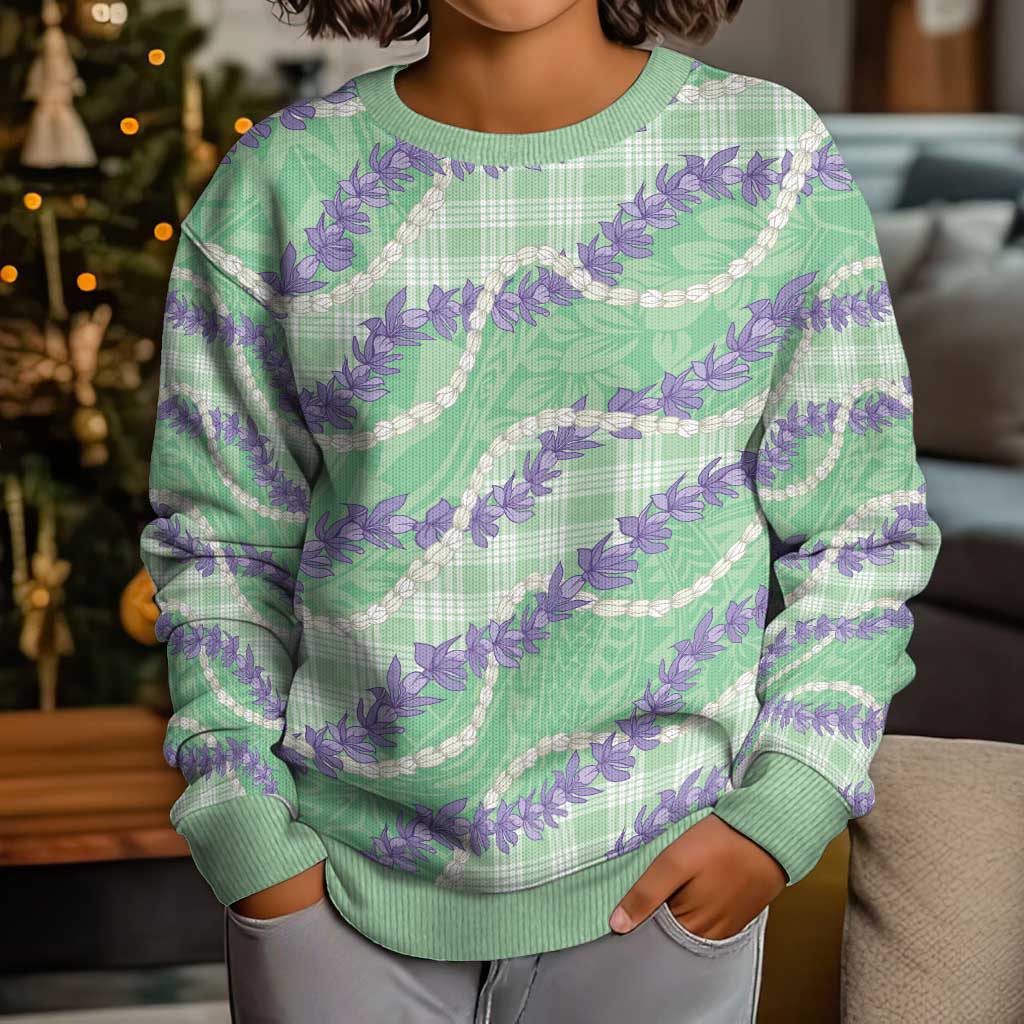 Pastel Green Hawaii Palaka Honohono Pikake Kid Ugly Christmas Sweater Hawaiian Orchid Lei Polynesian Pattern LT14 - Polynesian Pride