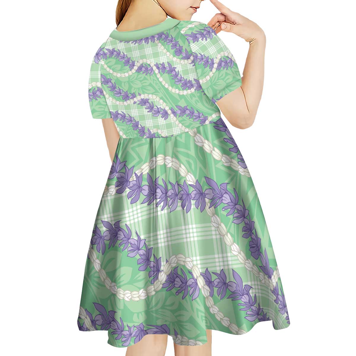 Pastel Green Hawaii Palaka Honohono Pikake Kid Short Sleeve Dress Hawaiian Orchid Lei Polynesian Pattern - Polynesian Pride