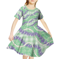 Pastel Green Hawaii Palaka Honohono Pikake Kid Short Sleeve Dress Hawaiian Orchid Lei Polynesian Pattern - Polynesian Pride