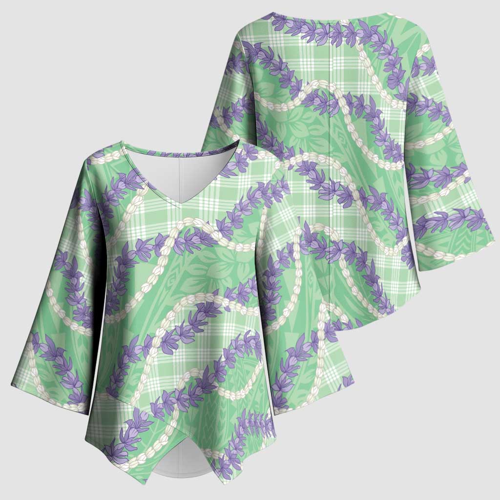 Pastel Green Hawaii Palaka Honohono Pikake Kimono Sleeve Blouse Hawaiian Orchid Lei Polynesian Pattern - Polynesian Pride