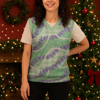 Pastel Green Hawaii Palaka Honohono Pikake Christmas Knitted V-Neck Vest Hawaiian Orchid Lei Polynesian Pattern - Polynesian Pride