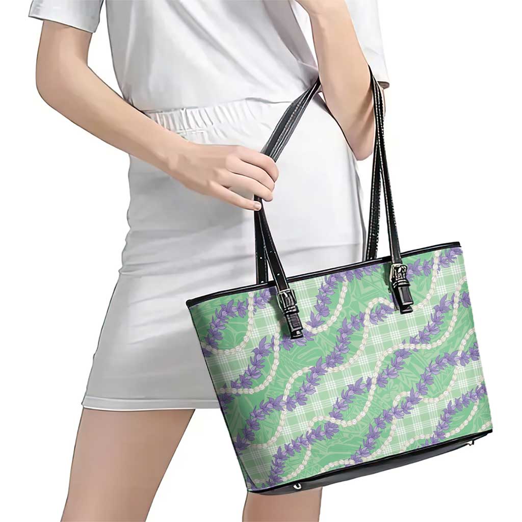 Pastel Green Hawaii Palaka Honohono Pikake Leather Tote Bag Hawaiian Orchid Lei Polynesian Pattern - Polynesian Pride