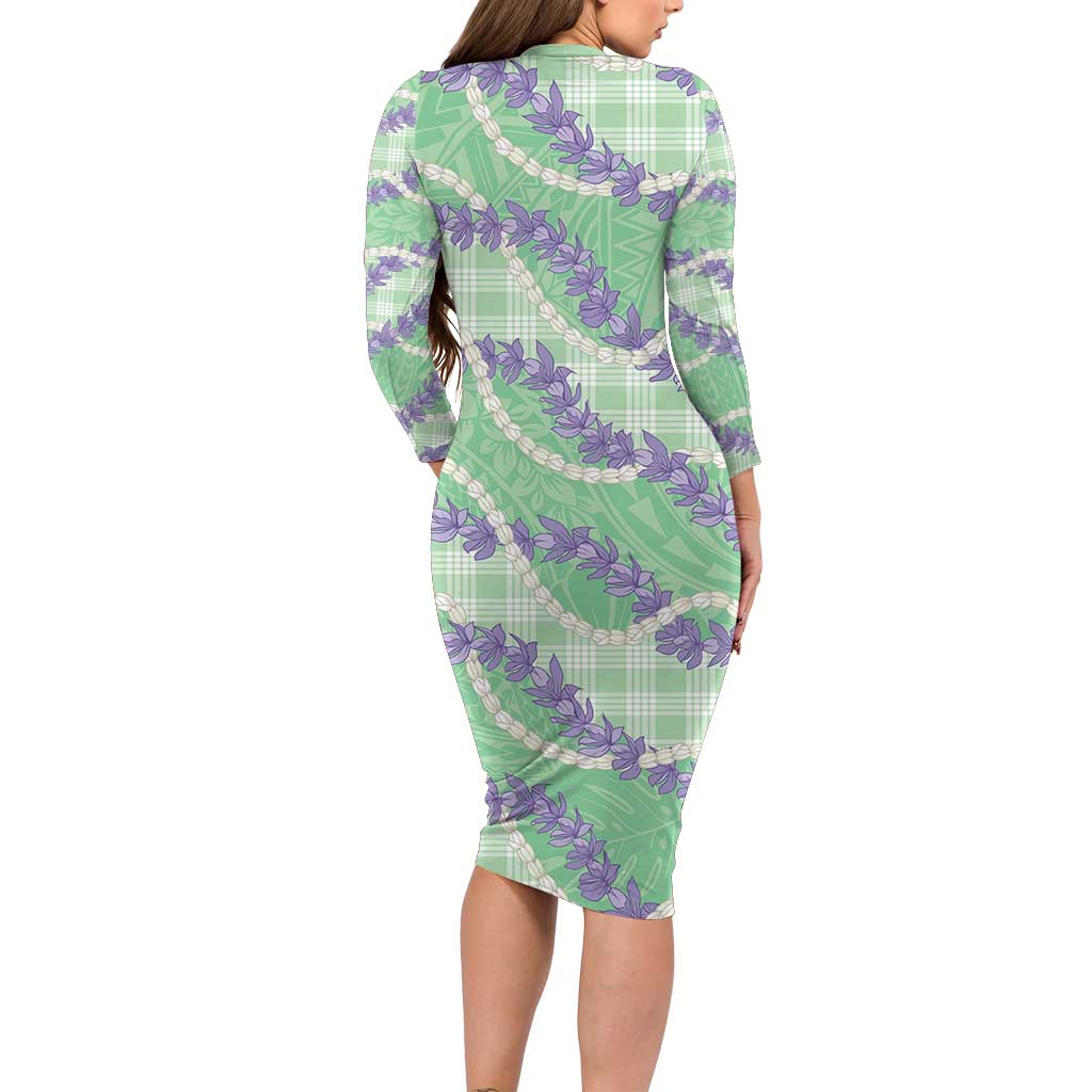 Pastel Green Hawaii Palaka Honohono Pikake Long Sleeve Bodycon Dress Hawaiian Orchid Lei Polynesian Pattern - Polynesian Pride
