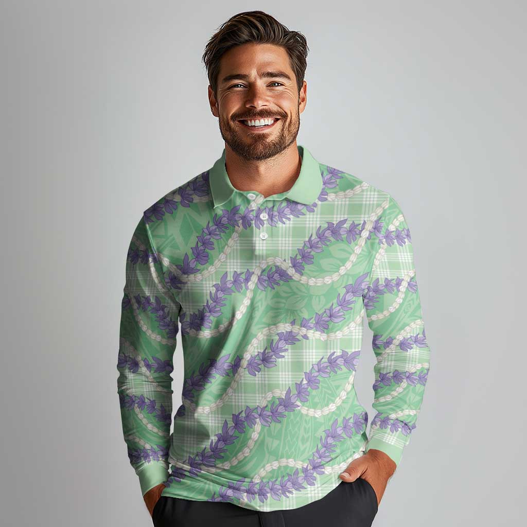 Pastel Green Hawaii Palaka Honohono Pikake Long Sleeve Polo Shirt Hawaiian Orchid Lei Polynesian Pattern - Polynesian Pride