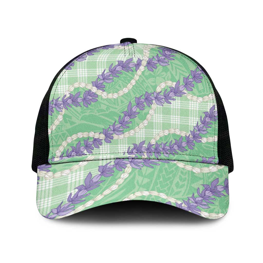 Pastel Green Hawaii Palaka Honohono Pikake Mesh Trucker Cap Hawaiian Orchid Lei Polynesian Pattern - Polynesian Pride
