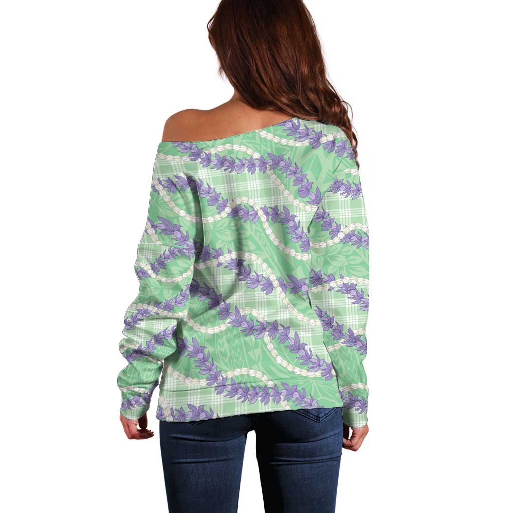 Pastel Green Hawaii Palaka Honohono Pikake Off Shoulder Sweater Hawaiian Orchid Lei Polynesian Pattern - Polynesian Pride