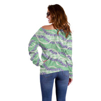 Pastel Green Hawaii Palaka Honohono Pikake Off Shoulder Sweater Hawaiian Orchid Lei Polynesian Pattern - Polynesian Pride